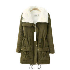 Women’s Sherpa-Lined Drawstring Parka – Mid-Length Cotton Winter Coat with Utility Pockets for Cosy Cold-Weather Layering