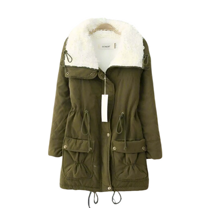 Women’s Sherpa-Lined Drawstring Parka – Mid-Length Cotton Winter Coat with Utility Pockets for Cosy Cold-Weather Layering