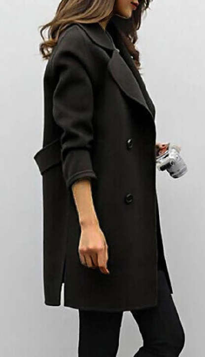 Women’s Longline Coat – Wide Lapel Collar with Double-Breasted Front