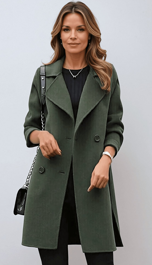Women’s Longline Coat – Wide Lapel Collar with Double-Breasted Front
