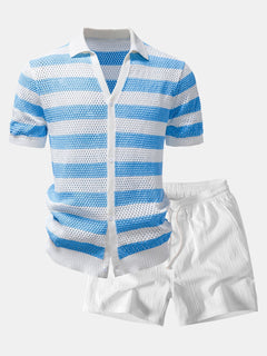 Men’s Open Knit Shirt and Crinkle Shorts Co-Ord – Regular Fit Summer Wear