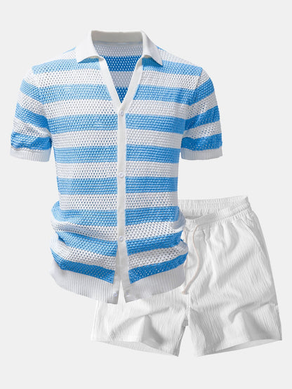 Men’s Open Knit Shirt and Crinkle Shorts Co-Ord – Regular Fit Summer Wear