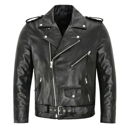 Men’s Belted Leather Biker Jacket – Asymmetric Moto Layer for City Wear