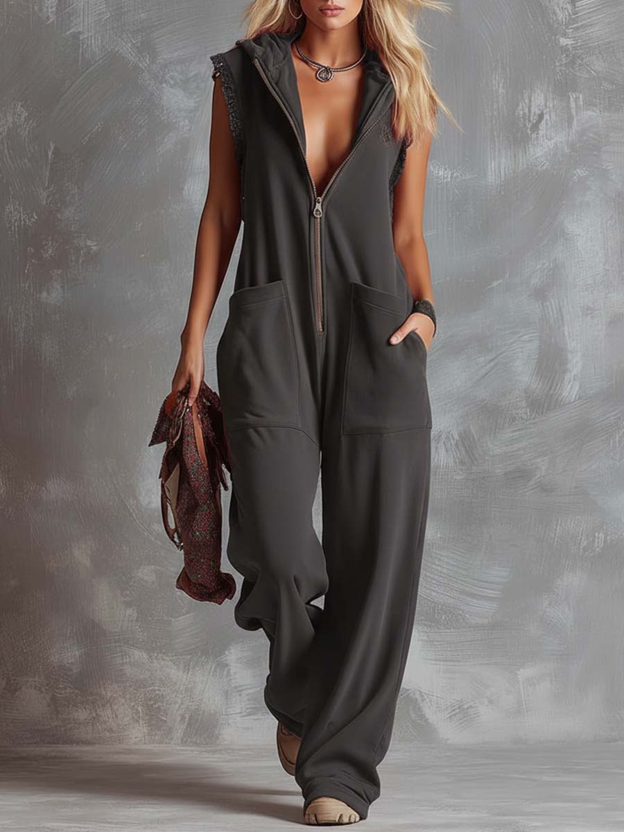 Women’s Sleeveless Hooded Jumpsuit – Relaxed Zip-Front Utility Style for Casual Streetwear