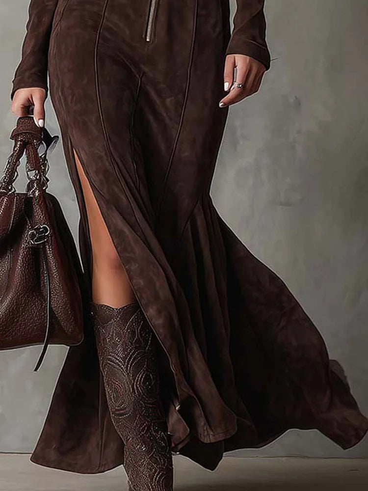 Women’s Belted Zip-Front Maxi Dress – Long-Sleeve High-Slit Style for Evening Events