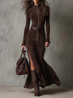 Women’s Belted Zip-Front Maxi Dress – Long-Sleeve High-Slit Style for Evening Events
