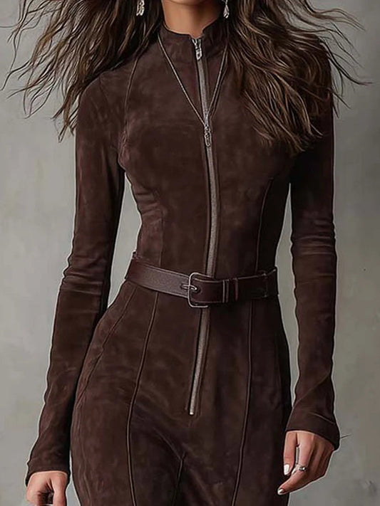 Women’s Belted Zip-Front Maxi Dress – Long-Sleeve High-Slit Style for Evening Events