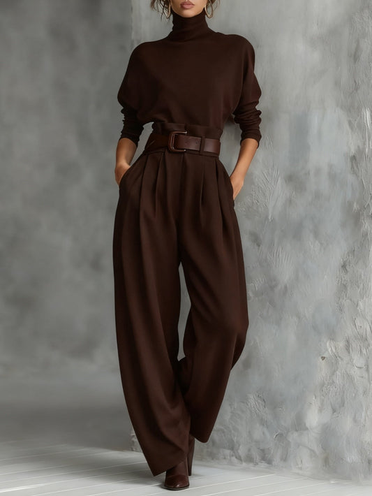 Women’s Belted Roll-Neck Trouser Set – Soft Cotton-Blend Co-Ord for Autumn Office and Evening Wear