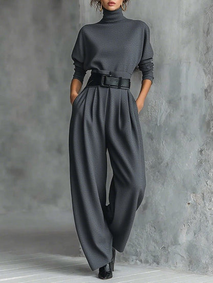 Women’s Belted Roll-Neck Trouser Set – Soft Cotton-Blend Co-Ord for Autumn Office and Evening Wear