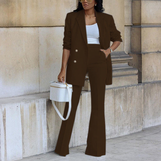 Women’s Two-Piece Set – Double-Breasted Blazer with Flared Trousers