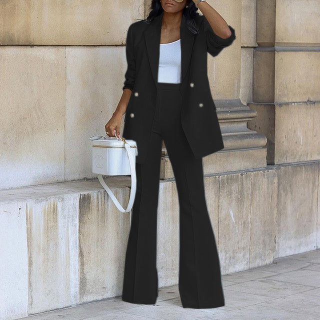 Women’s Two-Piece Set – Double-Breasted Blazer with Flared Trousers