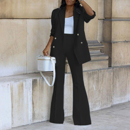 Women’s Two-Piece Set – Double-Breasted Blazer with Flared Trousers