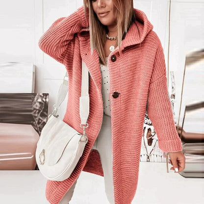 Women’s Long Hooded Cardigan – Button Placket Knitted Jacket