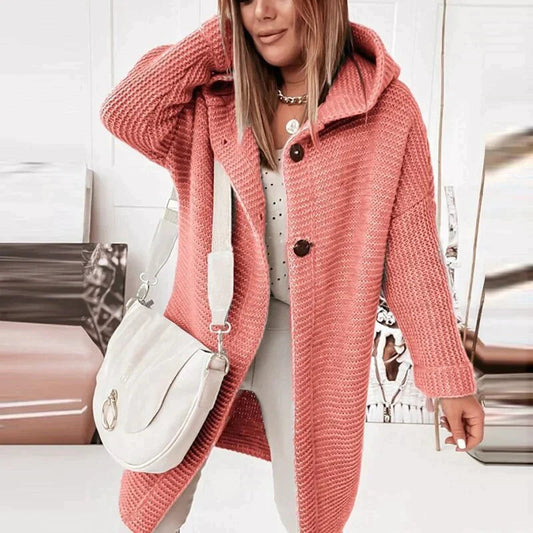 Women’s Long Hooded Cardigan – Button Placket Knitted Jacket
