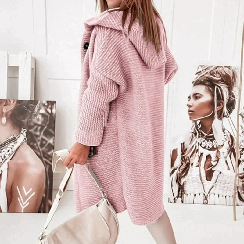Women’s Long Hooded Cardigan – Button Placket Knitted Jacket