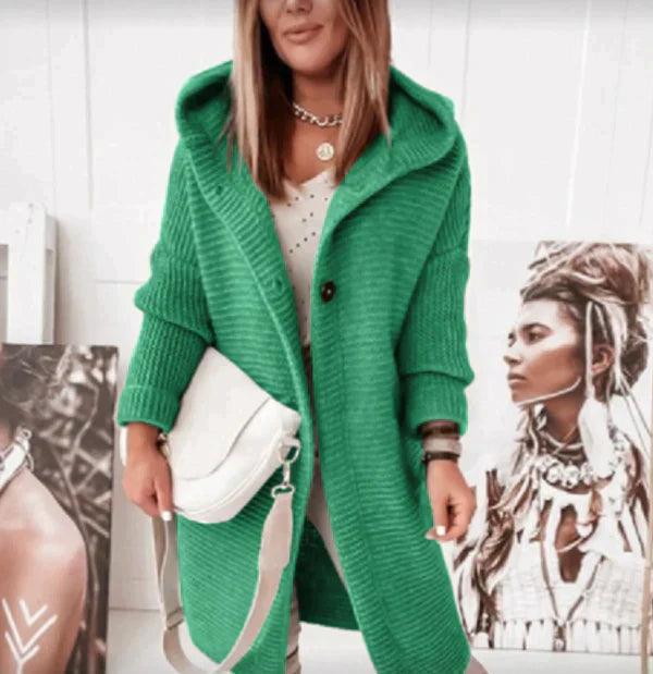 Women’s Long Hooded Cardigan – Button Placket Knitted Jacket