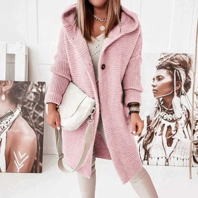 Women’s Long Hooded Cardigan – Button Placket Knitted Jacket