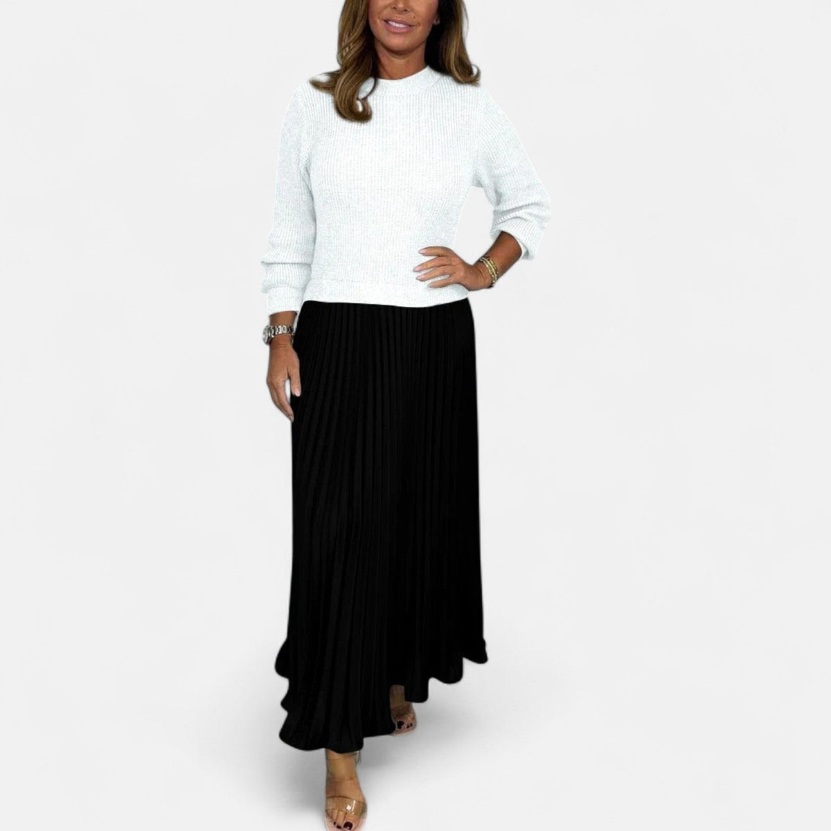 Women’s Jumper Dress – Knitted Maxi Dress with Pleated Skirt