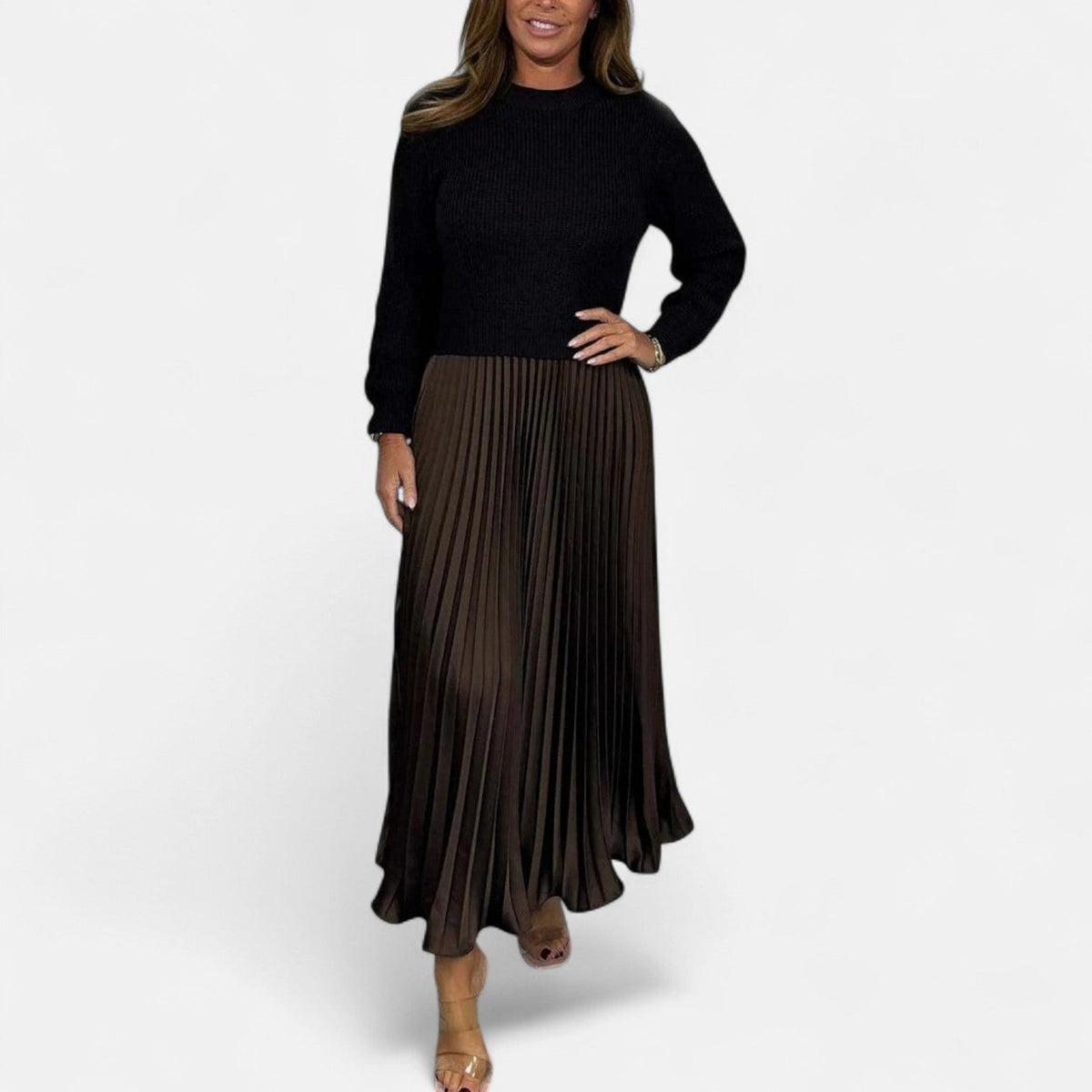 Women’s Jumper Dress – Knitted Maxi Dress with Pleated Skirt