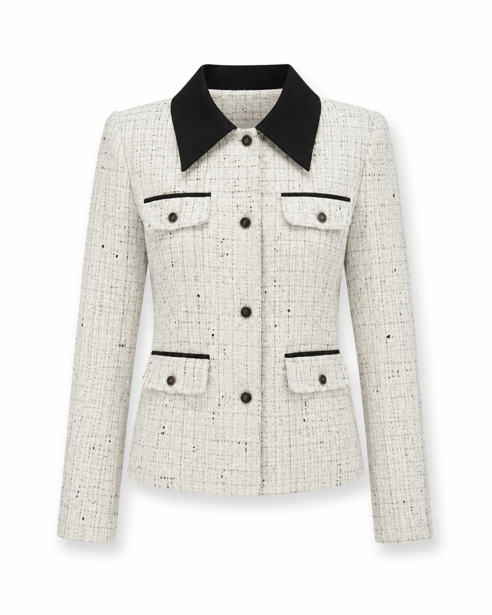 Women’s Tweed-Style Jacket – Contrast-Collar Buttoned Layer for Office and Smart Casual Wear
