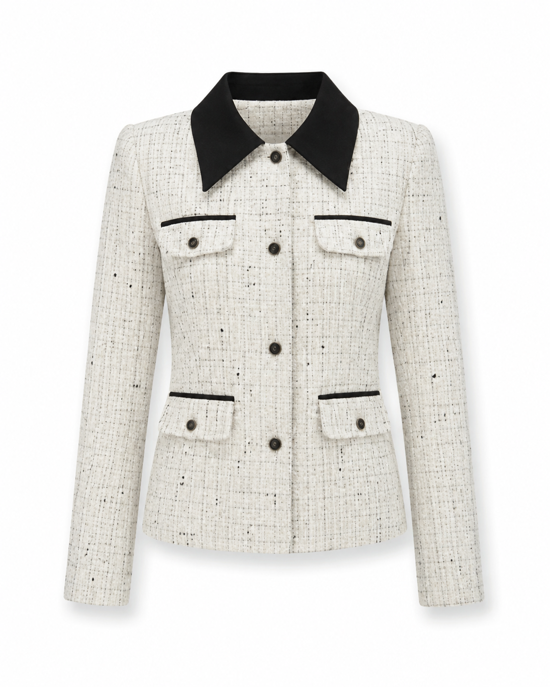 Women’s Tweed-Style Jacket – Contrast-Collar Buttoned Layer for Office and Smart Casual Wear