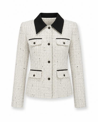 Women’s Tweed-Style Jacket – Contrast-Collar Buttoned Layer for Office and Smart Casual Wear