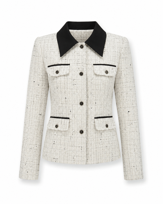 Women’s Tweed-Style Jacket – Contrast-Collar Buttoned Layer for Office and Smart Casual Wear