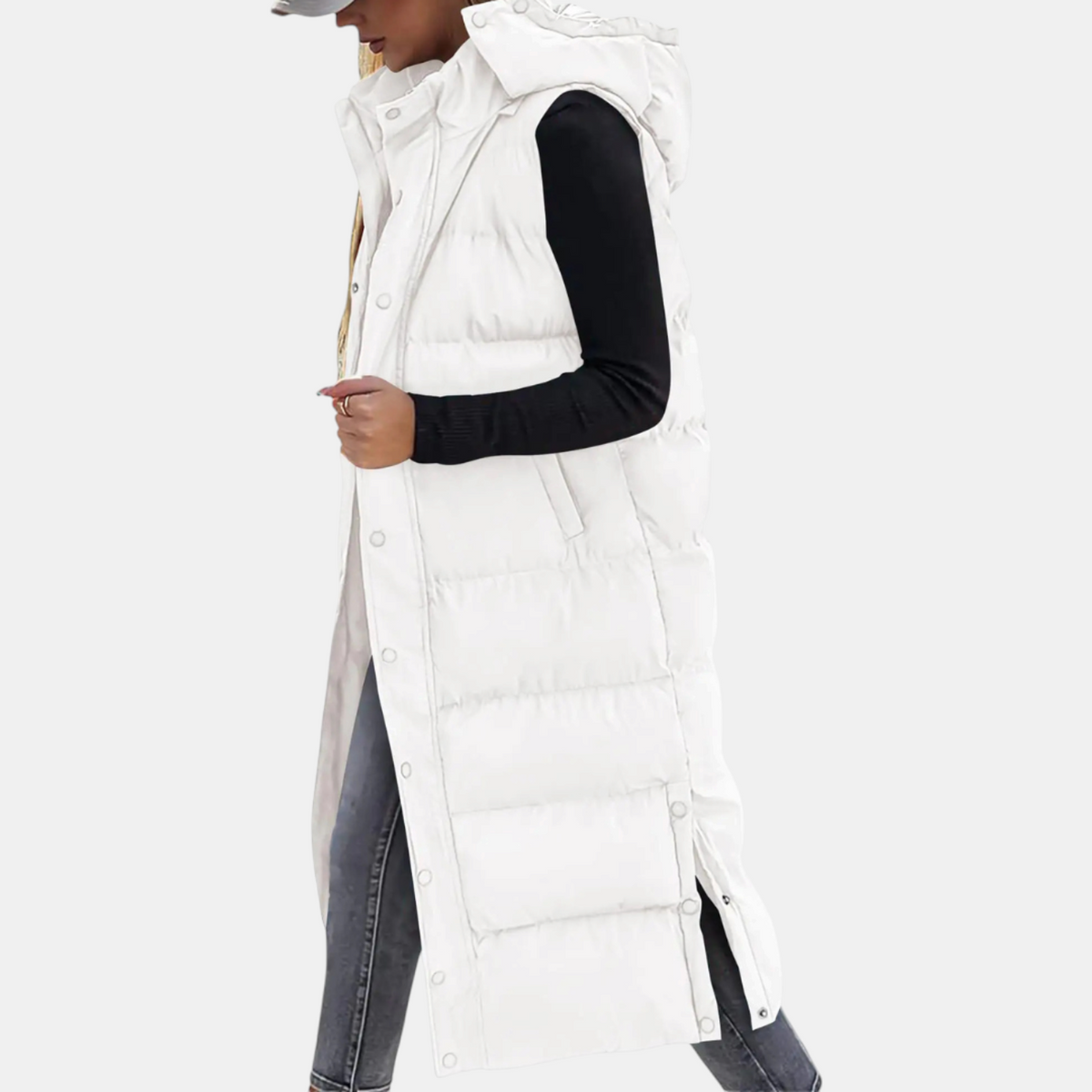 Women’s Longline Quilted Gilet – Hooded Sleeveless Padded Coat