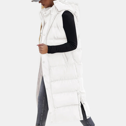 Women’s Longline Quilted Gilet – Hooded Sleeveless Padded Coat