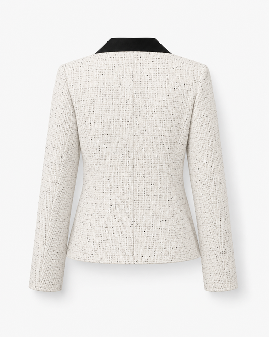 Women’s Tweed-Style Jacket – Contrast-Collar Buttoned Layer for Office and Smart Casual Wear