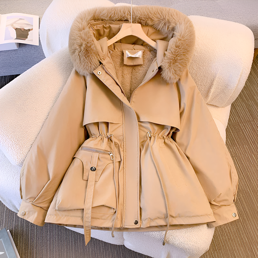 Women’s Short Quilted Jacket – Faux Fur Hooded Coat with Drawstring Waist
