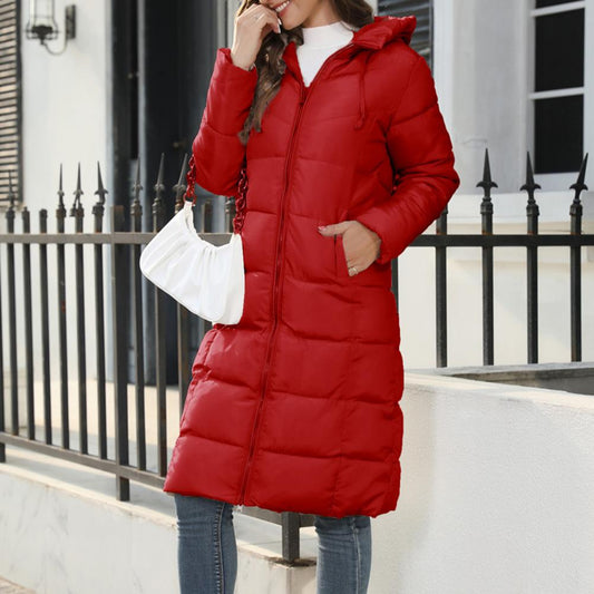 Women’s Long Puffer Coat – Hooded with Two-Way Zip