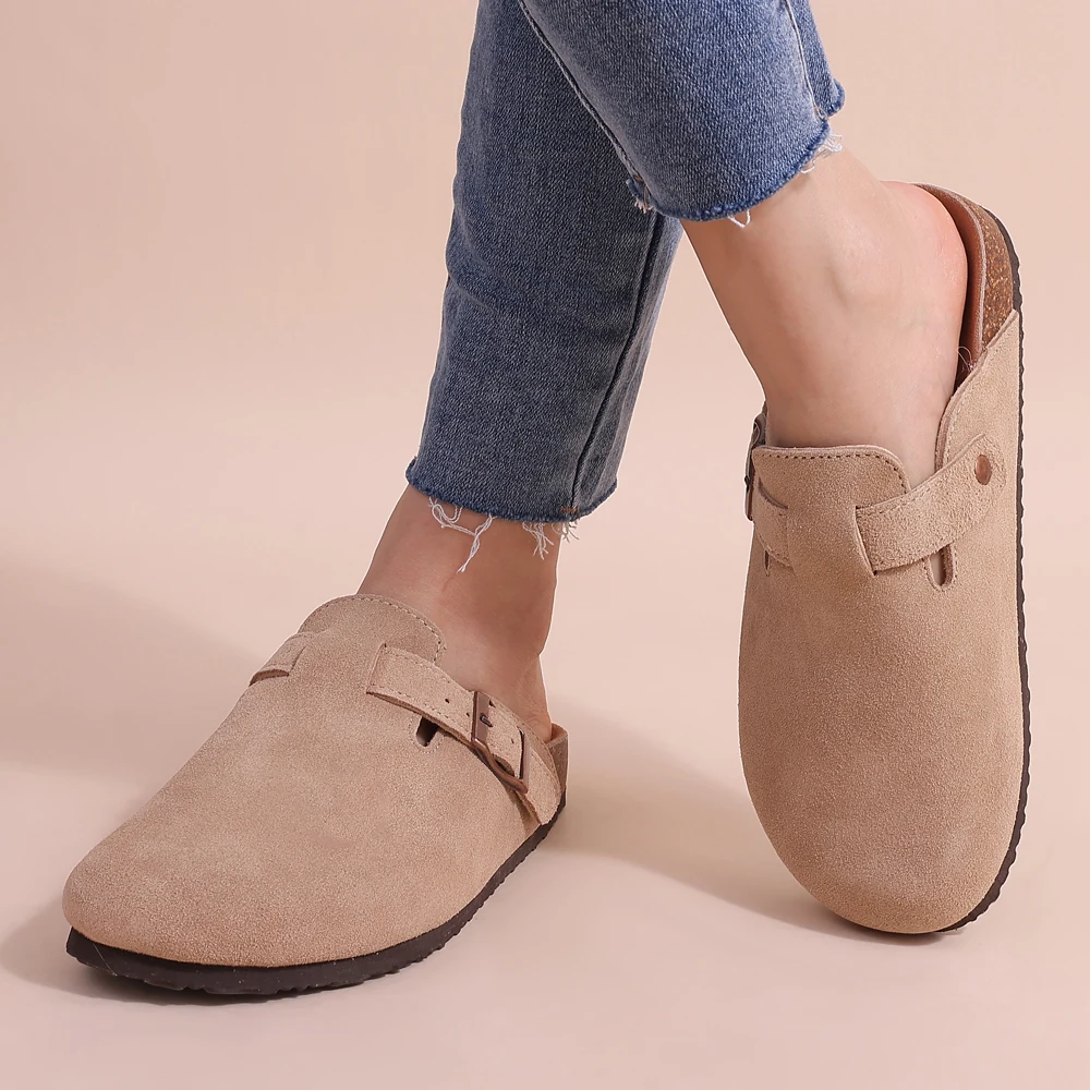 Women’s Suede Buckle Clogs – Closed-Toe Backless Mules with Contoured Footbed for Casual Everyday Wear