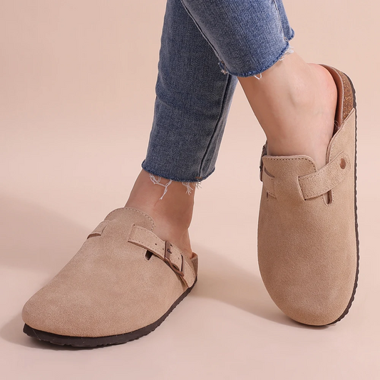 Women’s Suede Buckle Clogs – Closed-Toe Backless Mules with Contoured Footbed for Casual Everyday Wear
