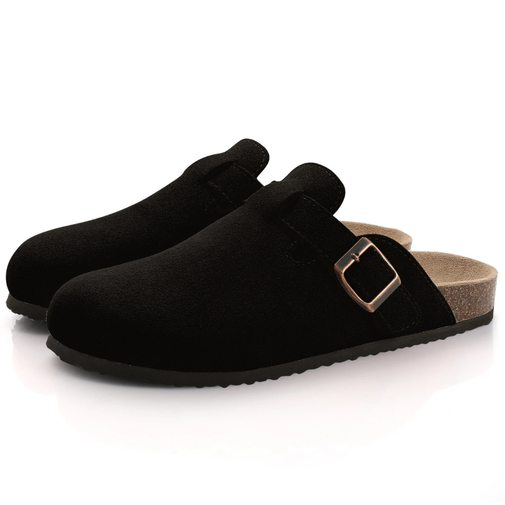Women’s Suede Buckle Clogs – Closed-Toe Backless Mules with Contoured Footbed for Casual Everyday Wear