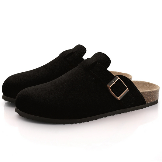 Women’s Suede Buckle Clogs – Closed-Toe Backless Mules with Contoured Footbed for Casual Everyday Wear
