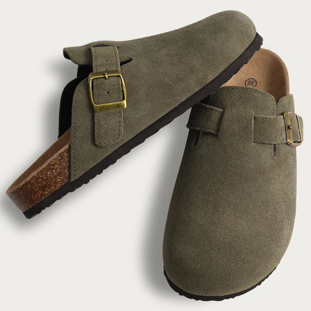 Women’s Suede Buckle Clogs – Closed-Toe Backless Mules with Contoured Footbed for Casual Everyday Wear