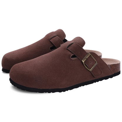 Women’s Suede Buckle Clogs – Closed-Toe Backless Mules with Contoured Footbed for Casual Everyday Wear