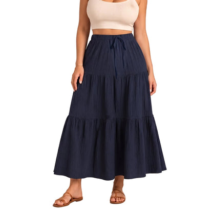 Women’s Tiered Boho Maxi Skirt – High-Waisted Elasticated Design with Button Front for Summer Holiday Wear
