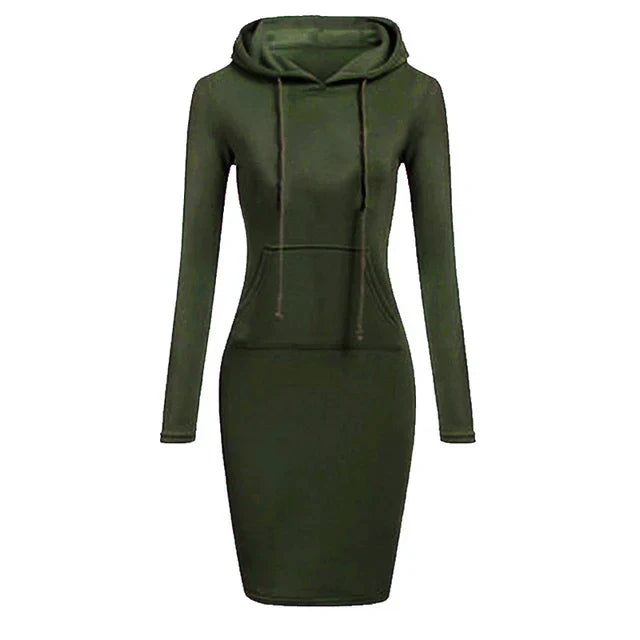 Women’s Hooded Sweatshirt Dress – Long-Sleeve Midi with Kangaroo Pocket