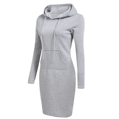 Women’s Hooded Sweatshirt Dress – Long-Sleeve Midi with Kangaroo Pocket