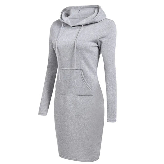 Women’s Hooded Sweatshirt Dress – Long-Sleeve Midi with Kangaroo Pocket