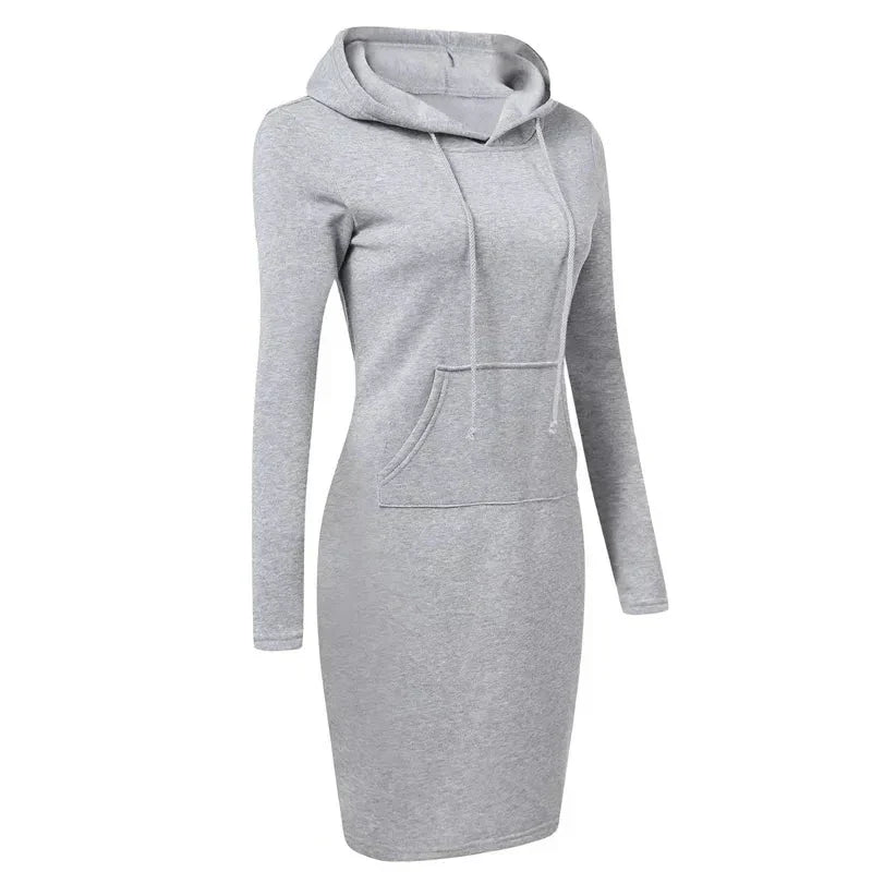 Women’s Hooded Sweatshirt Dress – Long-Sleeve Midi with Kangaroo Pocket