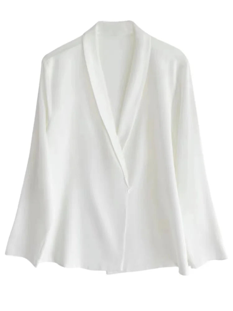 Women’s Satin V-Neck Blouse – Elegant Long-Sleeve Style for Office and Evening Wear