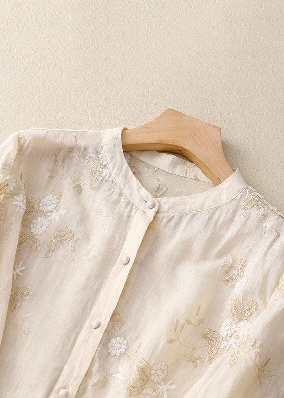 Women’s Blouse – Floral Embroidered Blouse with Sheer Three-Quarter Sleeves