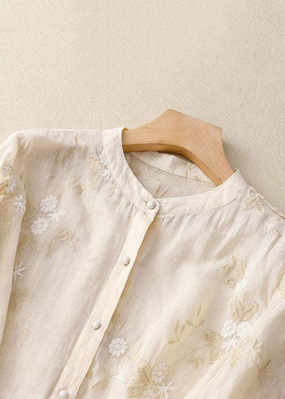 Women’s Blouse – Floral Embroidered Blouse with Sheer Three-Quarter Sleeves