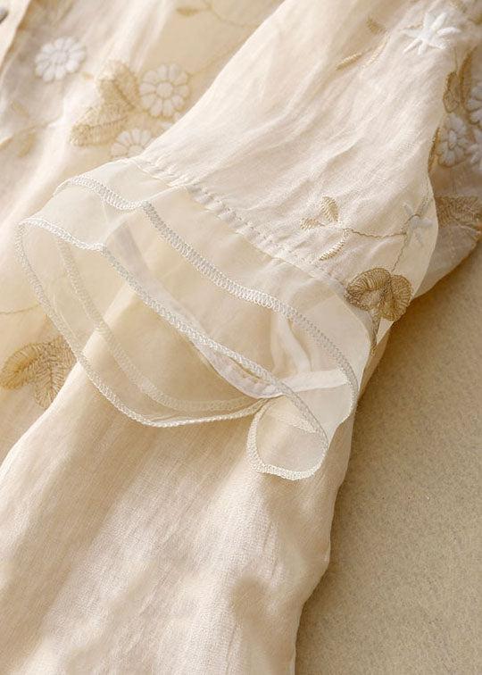 Women’s Blouse – Floral Embroidered Blouse with Sheer Three-Quarter Sleeves