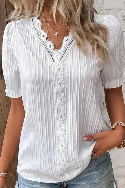Women’s White Blouse – Crochet Lace Blouse with Ruffle Puff Sleeves