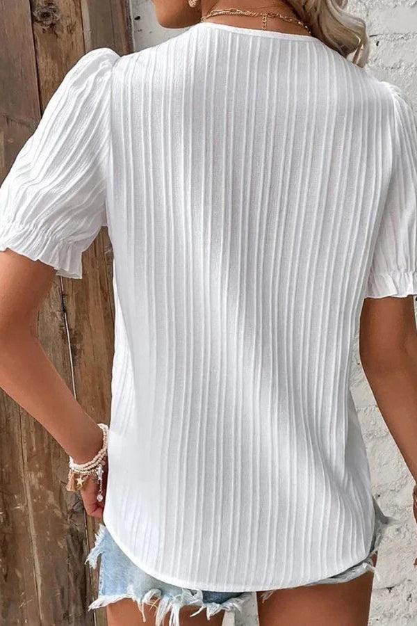 Women’s White Blouse – Crochet Lace Blouse with Ruffle Puff Sleeves