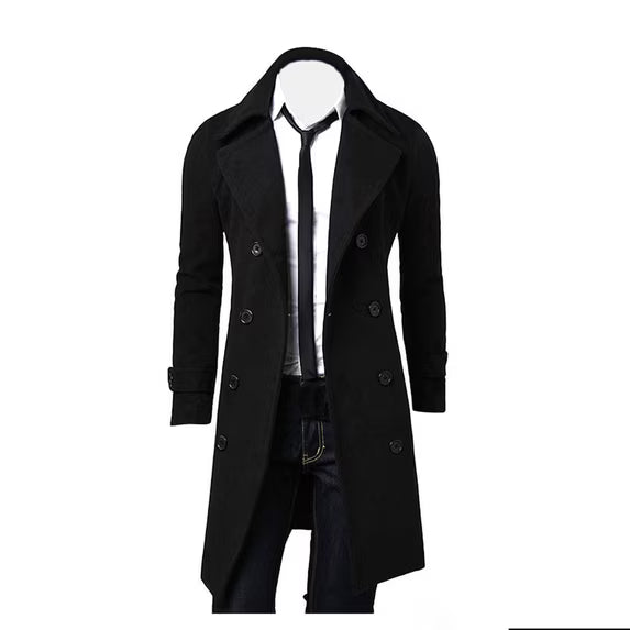 Men’s Double-Breasted Longline Trench Coat – Tailored British-Inspired Layer with Wide Lapels and Cuff Straps